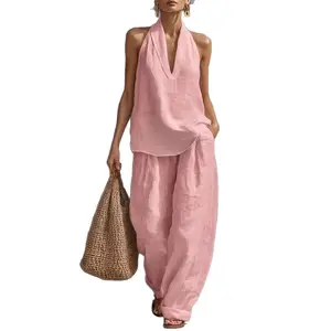 Women's 2-Piece  V-Neck Backless Top & Cool, Comfortable, Thin Wide-Leg Pants Set