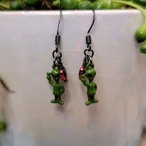 Handmade Metal Alien Dangle Earrings with Heart