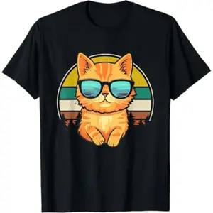100% Cotton Vintage Style Orange Tabby Cat Friendly Wearing Sunglasses T-Shirt A33