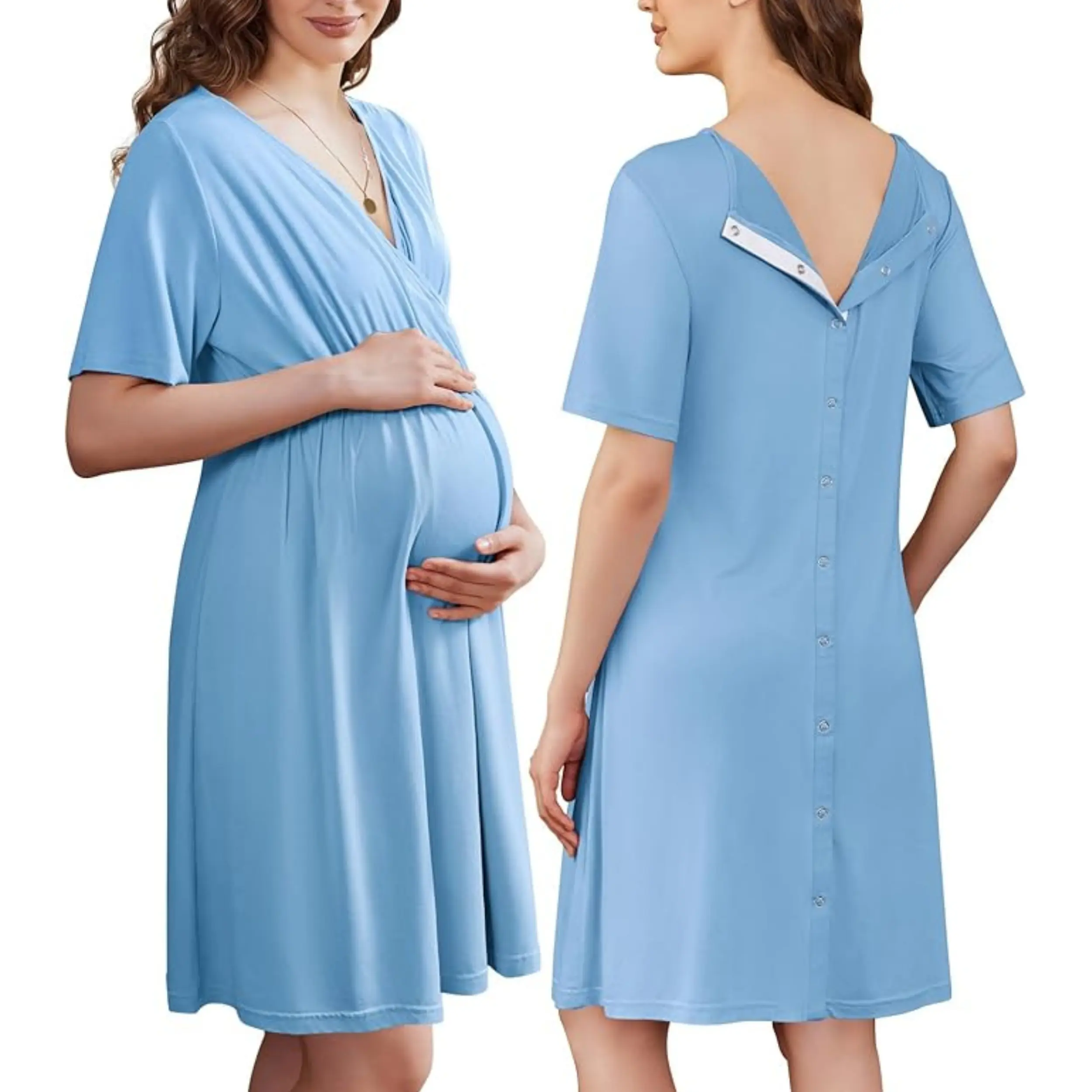 Ekouaer Women's Maternity Nightdress - Polyester Blend, Stretchy V-Neck Short Sleeve, Buckle Back, Elastic Waist Adapts to You, Split Front, Nursing Access, Skin-to-Skin Ready, Postpartum Hospital Use, Quick CS Access, Pregnancy Maternity Clothing
