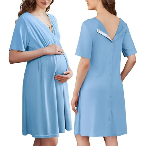 Ekouaer Women's Maternity Nightdress - Polyester Blend, Stretchy V-Neck Short Sleeve, Button-Back, Elastic Waist, Split Front, Nursing Access, Skin-to-Skin Ready, Postpartum Hospital Use, Quick CS Access, All Seasons, Momlife, Ready for Birth Sleepwear