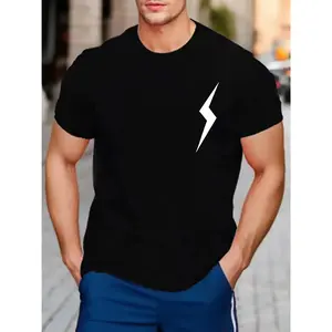 Minimalist White Lightening Graphic Printing Men's Summer New Classic Solid Color Loose Original Short Sleeved T-shirt, Casual Comfortable Stylish Home Sports Top