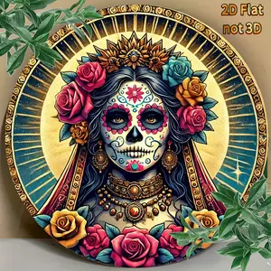 8 x 8 Inch Dia. Day of the Dead Sugar Skull Wall Hanging - Aluminium Art Decoration for Home, Patio, or Office Traditional Mexican Sugar Skull Wall Art Ornaments Hangable wall art sign durable iron wall art metal wall sign Vintage Metal Tin Sign 