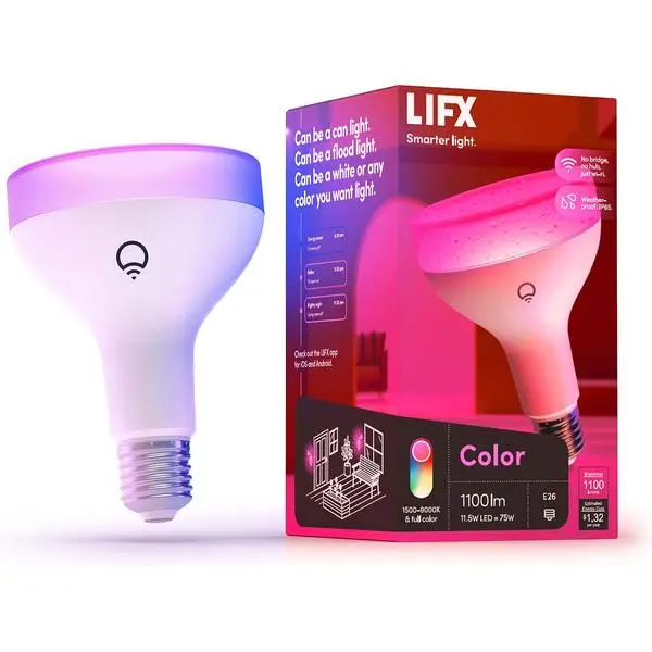 LIFX Smart Light Bulbs BR30, Color Changing, 65W 1100LM, Apple Home, 1 Pack | Matter compatible, Alexa, WiFi 2.4GHz only. Dimmable E26, RGB, tunable white 1500K-9000K, for recessed cans indoor, outdoor
