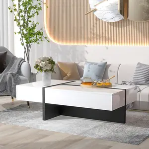 Modern Coffee Table with Storage Drawer Large Rectangle High-Gloss Center Table for Living Room Durable White & Black Contemporary Sofa Table 45.2x25.5x13.7 inches sofa  table mesas elegantes
