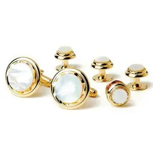 Mother Of Pearl Diamond Cut Tuxedo Cufflinks and Studs Gold