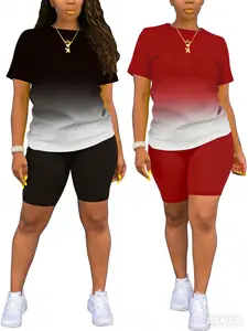 Plus Size Mixed Color Matching Two Piece Set,Athletic Casual Short Sleeve T-Shirt And Skinny Biker Shorts Set,Plus Size Women'S Clothing,Stylish And Trendy,Suitable For Summer And Casual Occasions,Athleisure Wear Elastic Waist Activewear