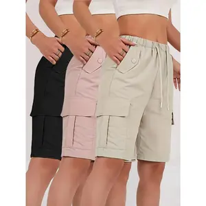 3pcs Women's American Workwear Cargo Shorts - Lightweight Straight-Leg with Multiple Pockets, Adjustable Drawstring Waist, Machine Washable Casual Mid-Thigh Length for Spring Summer Fall, Everyday Comfort, Functional Design, Durable Fabric