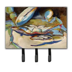 212 MAIN Blue Crab Claw-Themed Wall Mount Leash & Key Holder, Metal 3-Hook Hanger with Hardboard Tile, 6x2x9 in Home Decor