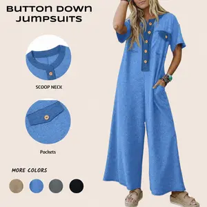 【NEW】Imily Bela Womens Casual Loose Jumpsuits Short Sleeve V-Neck Button Down One Piece Outfits Wide Leg Summer Long Pant Rompers with Pockets