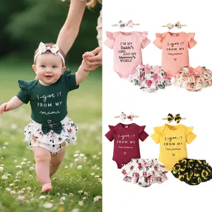 Baby Girls Cute Clothes Set Pink Girls Outfits Funny Letter Print Short Sleeve Top Romper Floral Shorts Headband 3PCS Set Green/Pink Monther‘s Day/Father's Day Gift32103010
