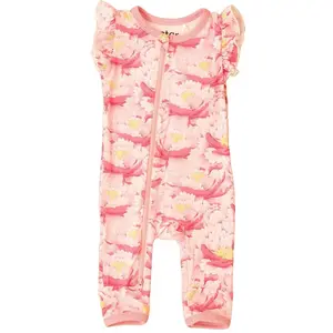 Bestaroo Blush Dreams Floral Romper – Soft Flutter Sleeve Baby Coverall, Dual Zipper, 93% Bamboo 7% Spandex, Snug Fit, Summer Loungewear