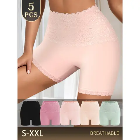 QUASTI Women's 5pcs High-Waisted Flat-Cornered Lace Panties - Cotton Fabric, Soft Breathable, Seamless Hip-Lift, Basic Minimalist Fit, Elegant Lady Lotus Underwear, S-XXL