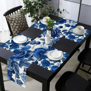 1 piece/5 pieces/7 pieces of blue rose flower pattern seasonal table flags and matching placemats, family gathering table decorations, indoor and outdoor celebration kitchen household items, suitable for daily use