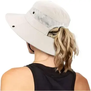 Women's Outdoor UV-Protection-Foldable Sun-Hats Mesh Wide-Brim Beach Fishing Hat with Ponytail-Hole