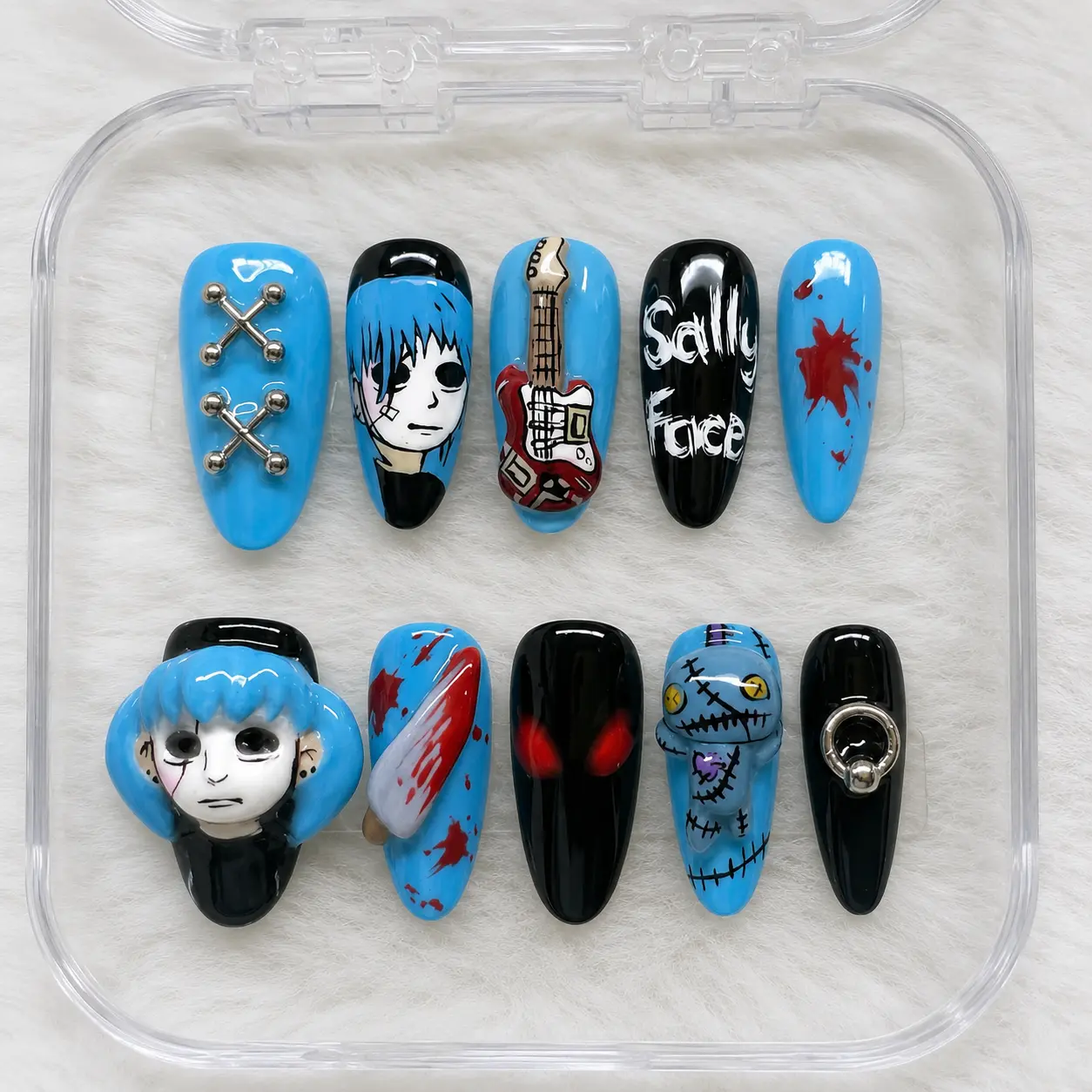 Sally Face Inspired Press On Nails | Gothic Horror 3D Nail Art | Handmade Alternative False Nails for Holiday, Birthday
