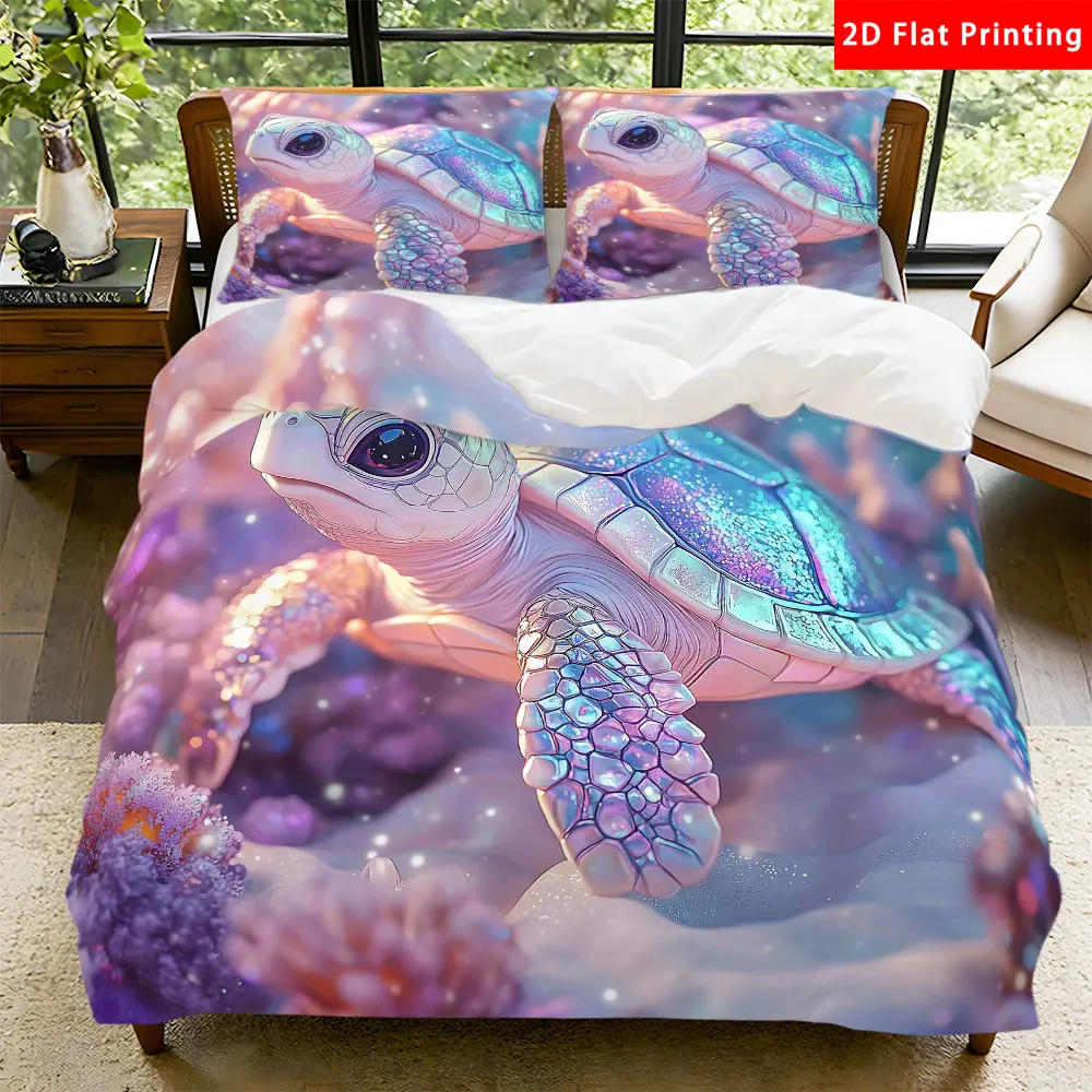2/3 Pcs 2D Flat Sea Turtle Themed Digital Print Cartoon Printed Bedding Duvet Cover Set Sea Turtle Bedding Set Quilt Cover 1 Duvet Cover + 1/2 Pillowcases Sea Turtle Top Sheet Decorative Bedding Bedroom Decor Bedding Sheets