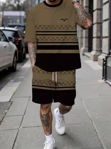 Men's spring and summer casual short-sleeve sets, plaid and striped seagull logo printed trendy fashion short-sleeve sets, vacation-style trendy outfits, breathable sporty casual style, a perfect holiday gift for men