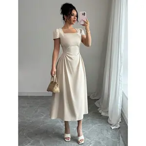 Women's Elegant Solid Color Square Neck Waist Cinched Casual/Formal Midi Dress With Puff Sleeves, Suitable For Commuting, Vacation, Afternoon Tea In Spring/Summer