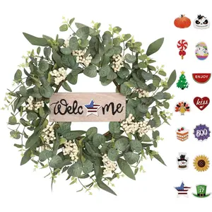 SY Super Bang 20Inch Wreaths for Front Door, Artificial Green Eucalyptus Interchangeable Seasonal Welcome Sign Wreath Decorations, for Porch Home Farmhouse Spring Summer Fall Winter Outdoor Decor