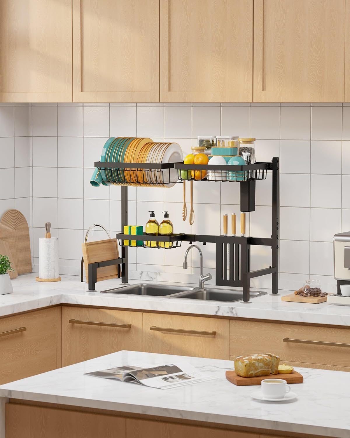 Over The Sink Dish Drying Rack - Adjustable 2 Tier Large Capacity Stainless Steel Drainer with Cutlery & Utensil Holders, Kitchen Storage & Organization, 30"-33.9" L x 11" W x 21.5" H, Black