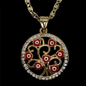14K Gold Plated Necklace with Evil Eye Hearts on a Tree of Life Design – 14K Oro Banado con Ojo Malo y Árbol de la Vida