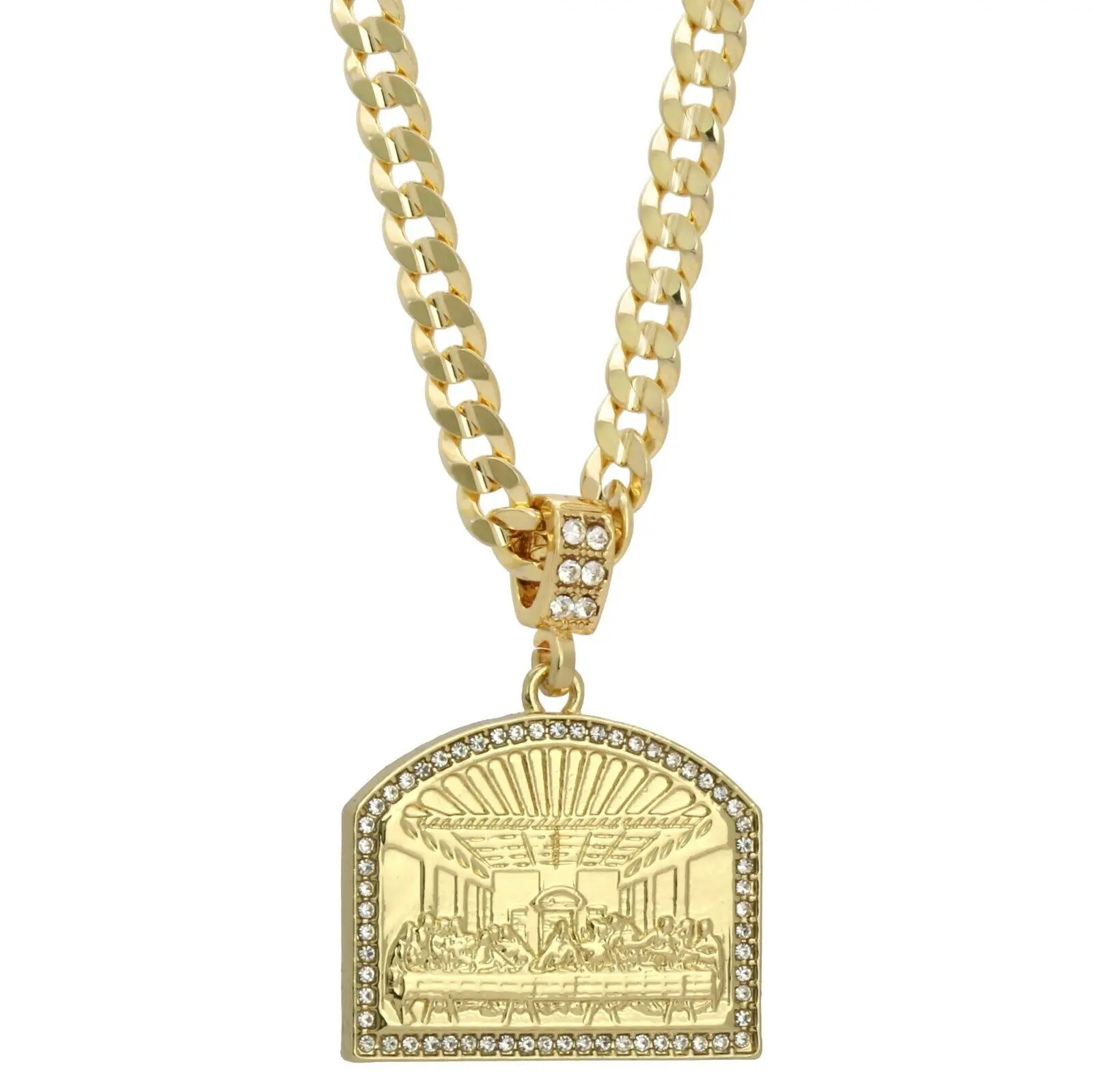 MaxBling81 Hip Hop Inspired Jesus Last Supper Pendant, Gold-Silver Plated with Cubic Zirconia, 5mm 14K Stamped Cuban Chain Necklace (20"-24"), Unisex Costume Jewelry