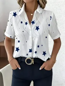 2026 Women's Summer New Simple Star Line Shirt, Loose Fit Turn-Down Collar Single Button Casual Blouse, Short Sleeve All over Print