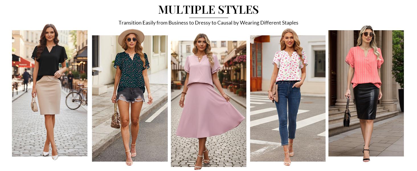 Women's Chic Chiffon Blouse, Feminine Petal Short Sleeve V-Neck Top, Lightweight Double-Layer for Work & Casual Day Wear,back to school,back to school shopping