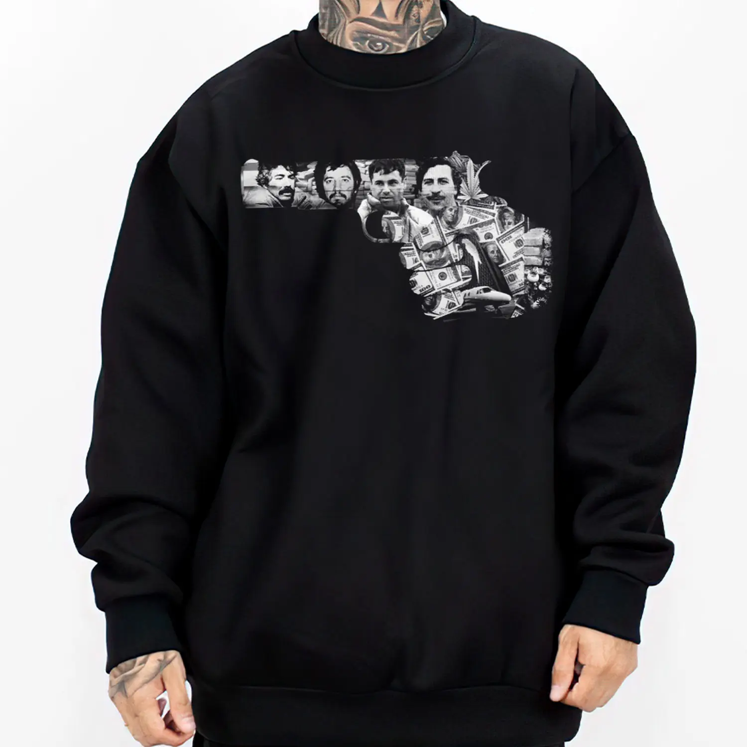 Gangster Art, Cartel Mexican, Unisex Cotton Chicano Streetwear Graphic Tee & Crewneck Sweatshirt - Lowrider Chicana Art, Cholo Gangster Outfit, Soft Fabric Hoodie for Men