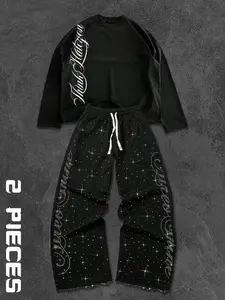 Y2K Streetwear Glitter Casual Set, Long Sleeve T-Shirt & Wide Leg Pants, Loose Fit, Spring & Fall Fashion, Urban Trend, Clothes
