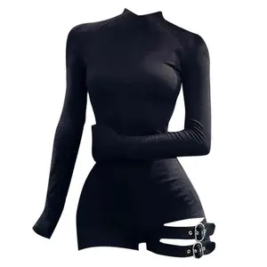 Y2K bandage jumpsuit — skinny long-sleeve bodysuit, Spice Girls–style romper for women, turtleneck basic black minimalist design, can be worn over a raincoat