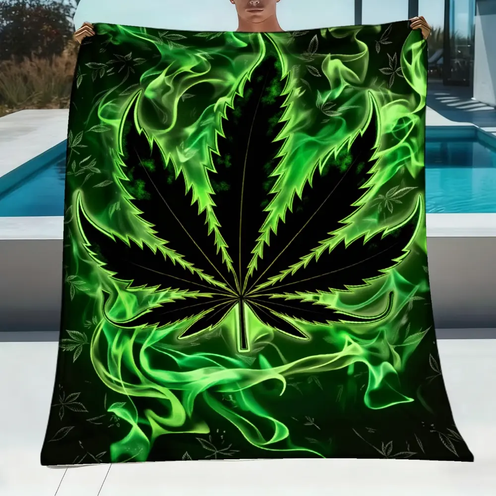 Cannabis Leaf Blanket Green Flame Design, Neon Weed Leaf Throw Blanket, Soft Flannel Fleece Blanket for Couch Sofa Bed, Psychedelic Marijuana Leaf Room Decor, Stoner Aesthetic Home Decoration, Cozy Gift Blanket for Cannabis Lovers