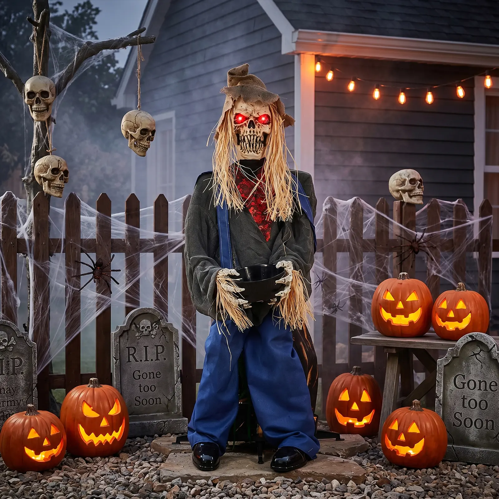 UBESGOO Halloween Inflatable Scarecrow 8.2ft Standing & 4.5ft Sitting Outdoor Garden Decor , Sound Activated, Red LED Glowing Eyes, Sudden Head-Lifting Motion, Creepy Male Voice, Detachable Barrel, Battery Operated (Batteries Not Included), Spooky, Prop