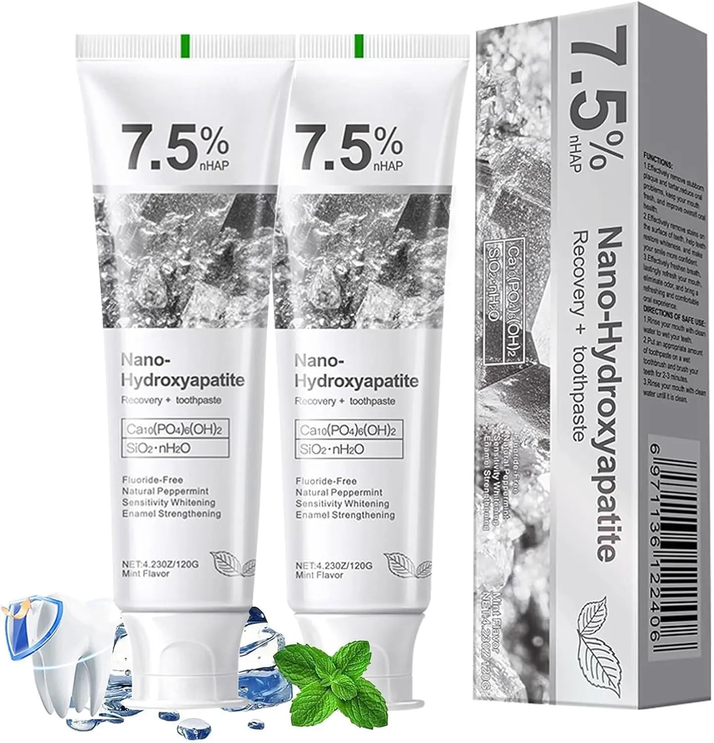 7.5% Nano Hydroxyapatite Toothpaste, Fluoride-Free Formula with Natural Mint for Fresh Breath, Deep Cleaning for Daily Oral Care.