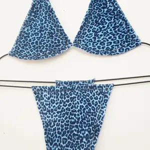 BLUPURR 2.0 Microkini Set IVHONEY Blue Velvet Thong Bottom Triangle Top with Leopard Print Design Beach Bathing Suit Bandeau Bikini