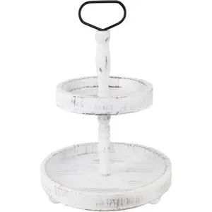 2 Tiered Tray Rustic Farmhouse Decorative Tray Stand Wooden Round Serving Trays for Coffee Food Home Table Decor Holiday Display Vintage Christmas Decors