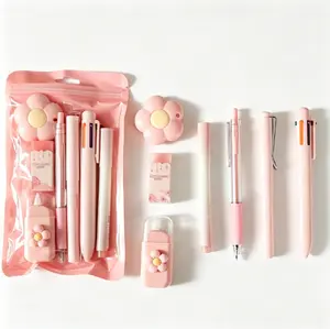 7 Pcs Cute Pink Stationery Set Kawaii School Supplies Office Supplies Including Ballpoint Pens Pencil Sharpener Highlighter Correction Tape Ruler Utility Knife,Children's Day gift