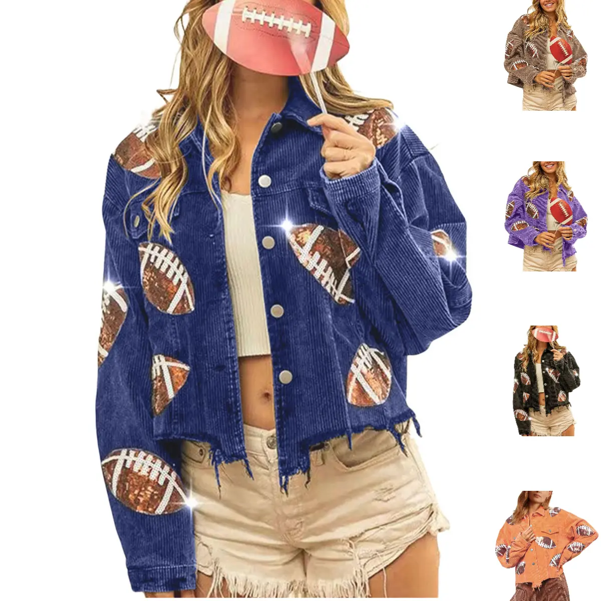 Tanming Women's Fitted Cropped Cotton Corduroy Vintage Button-Down Jacket - Long-Sleeve Tops Coats with Football Sequin Patches, Raw Hem for Fall Casual Wear