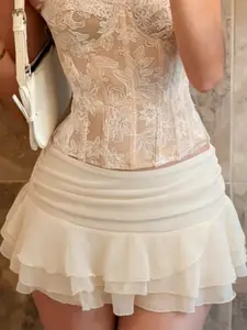 French Sexy Chic Plain Waist Ruched Asymmetrical Hem Skirt, Summer Chiffon Ruffled Layered Cake Short Skirt, Elegant Sweet Style with Lining
