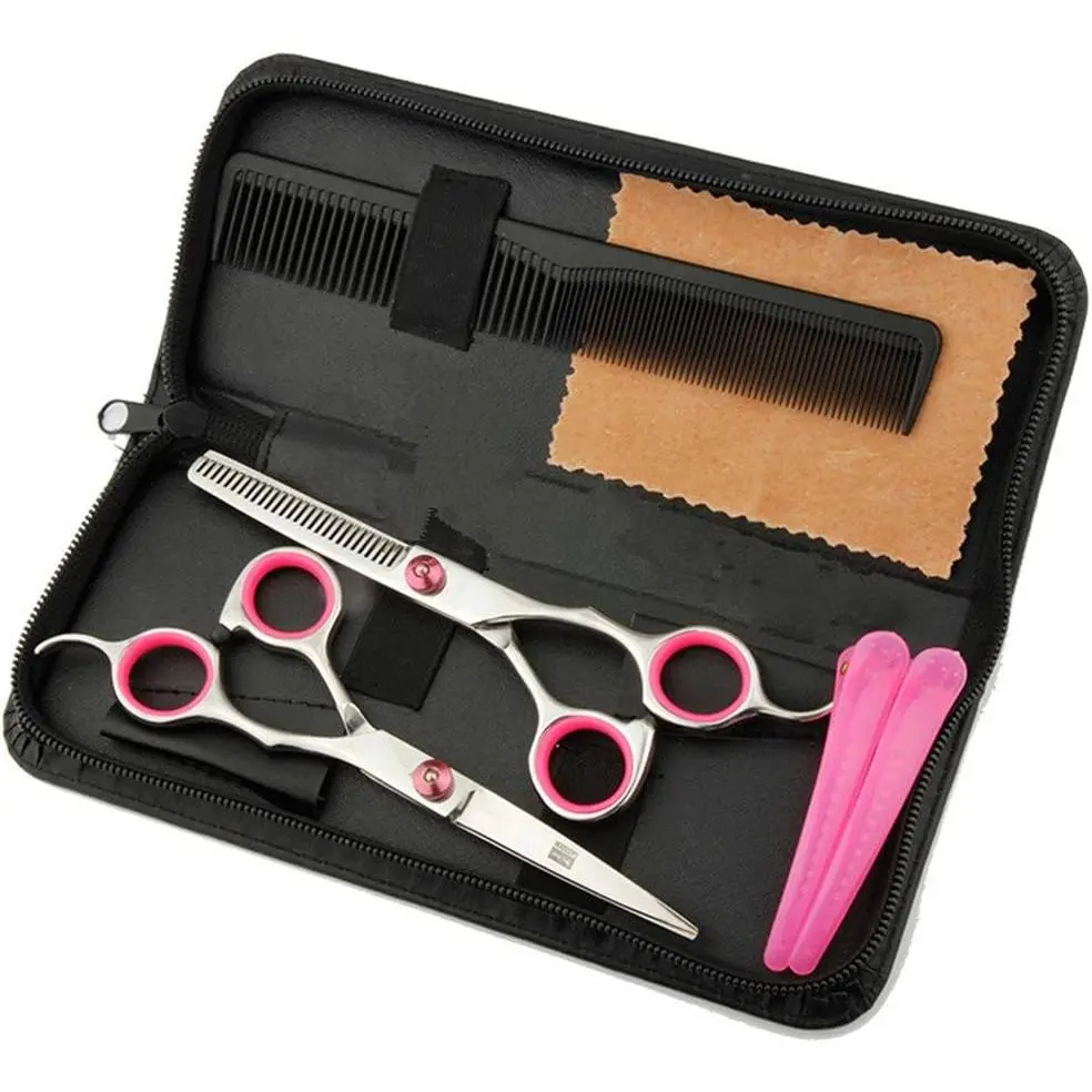 Professional Hair Cutting Scissors Shears Barber Thinning Set Kit- Family Hair Cutting,Barber Hair Cutting Tool Thinning texturizing/Pink 6" Haircare Handle pink  tools Stainless HeatlessSurfoze