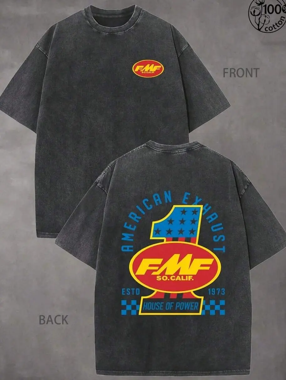 FMF Racing Washed Cotton Men's T-Shirt, Retro Streetwear Outdoor Sports Leisure,Daily Wear, Racing Enthusiasts,Summer Graphic Tees