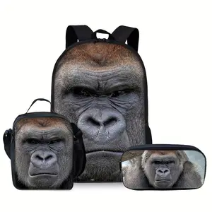 🦍 Wild Vibe: This 3-piece set features an ultra-realistic silverback gorilla face design on a black background, perfect for young animal lovers!The backpack, lunch bag, and pencil case all have the same striking print.