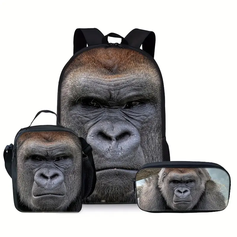 Realistic Gorilla Face Print 3PCS Backpack Set - Durable 600D Oxford Cloth Back to School Haul, Campus Life Everyday Carry, 15in Laptop-Fit, Adjustable Breathable Straps, With Lunch Box & Pencil Case for Kids School/Travel, Realistic Face, Animal Theme