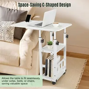 Mobile Rolling Side Table with Wheels, Adjustable Height C-Shaped End Table for Couch, Portable Laptop Desk on Wheels with 3-Tier Storage Shelves for Bed Sofa