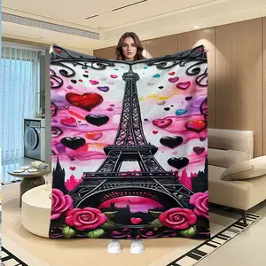 Paris Sweet Cool Romantic Velvet Blanket, Luxurious Soft Warm Multifunctional Throw for Sofa Bed Car Office Camping, All-Season Gift