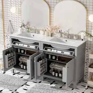 60" Modern Gray Bathroom Vanity Set with Double Vanities (Separate), Double Ceramic Sinks, Adjustable Shelf, Soft Close Doors and Flip Drawer– Modern Bathroom Solution for Spacious Bathrooms