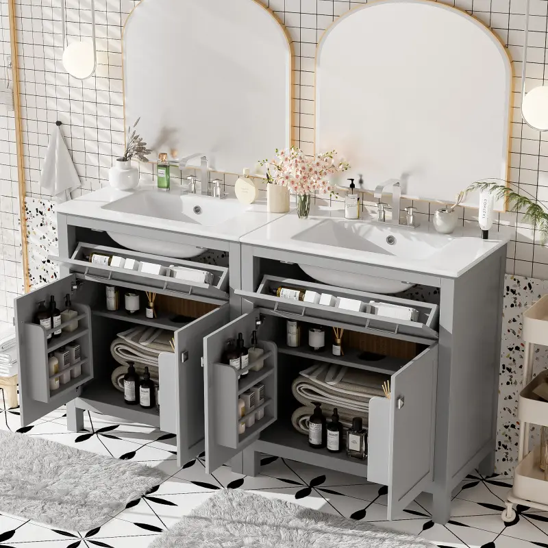 60" Modern Gray Bathroom Vanity Set with Double Vanities (Separate), Double Ceramic Sinks, Adjustable Shelf, Soft Close Doors and Flip Drawer– Modern Bathroom Solution for Spacious Bathrooms