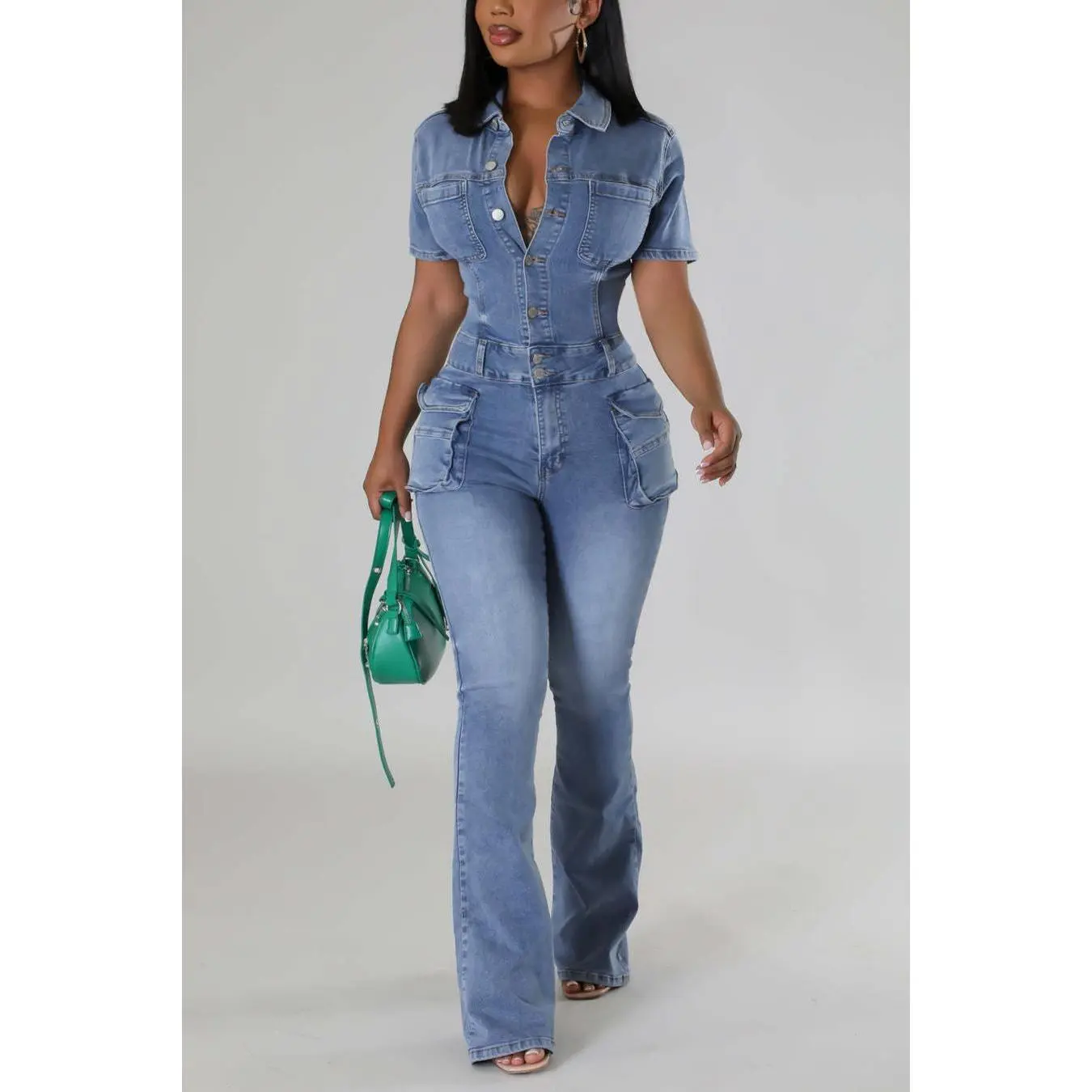 On A Mission Short Sleeve Cargo Denim Jumpsuit