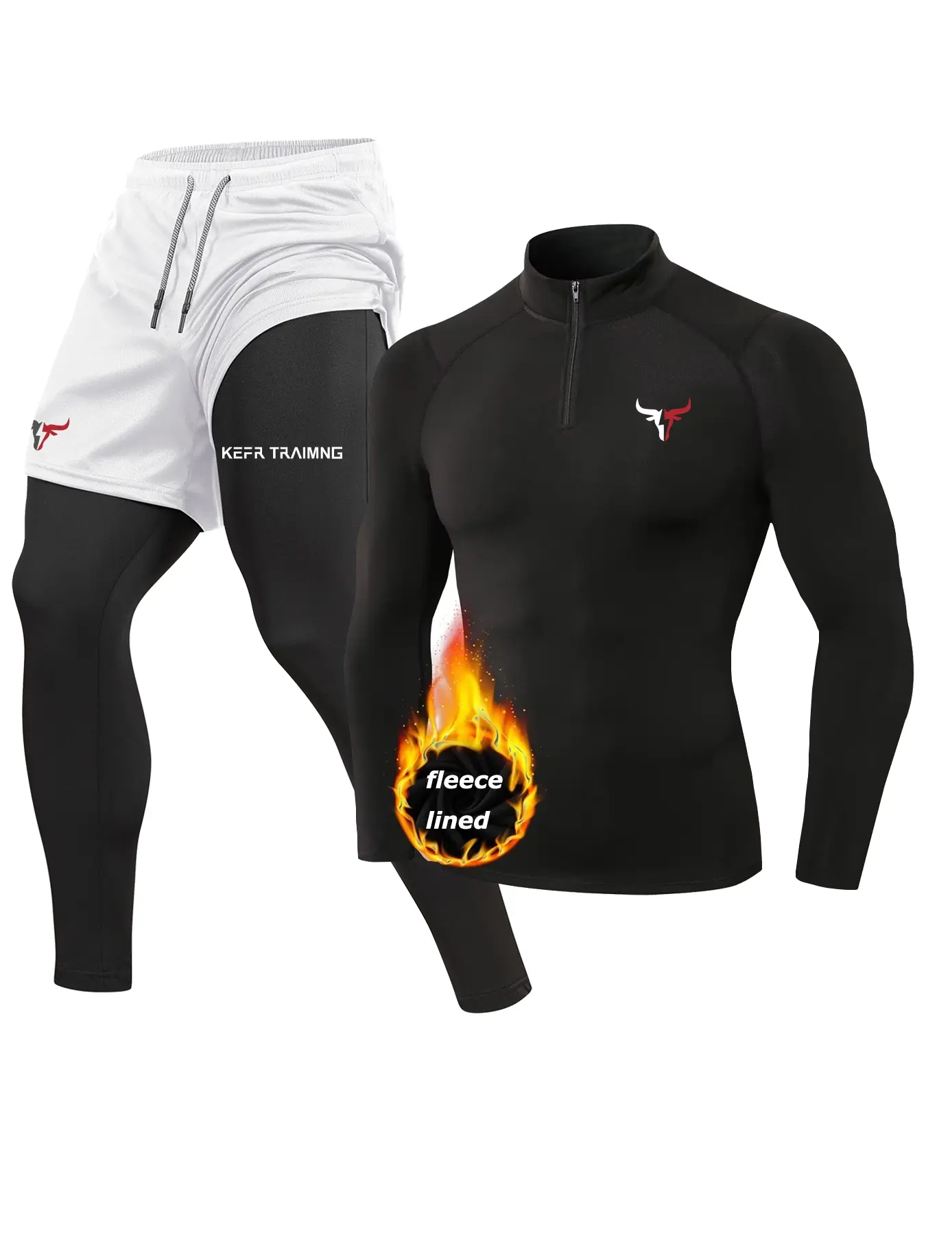 Bull Print Fall Winter Workout Running Athletic Clothing Set for Men, Thermal Warm Fleece Lined Baselayer, Zippered Mock Neck Long Sleeve Compression Shirt, Quick Dry 2-in-1 Leggings Pants with Phone Pocket, Towel Loop, Zipper Pocket